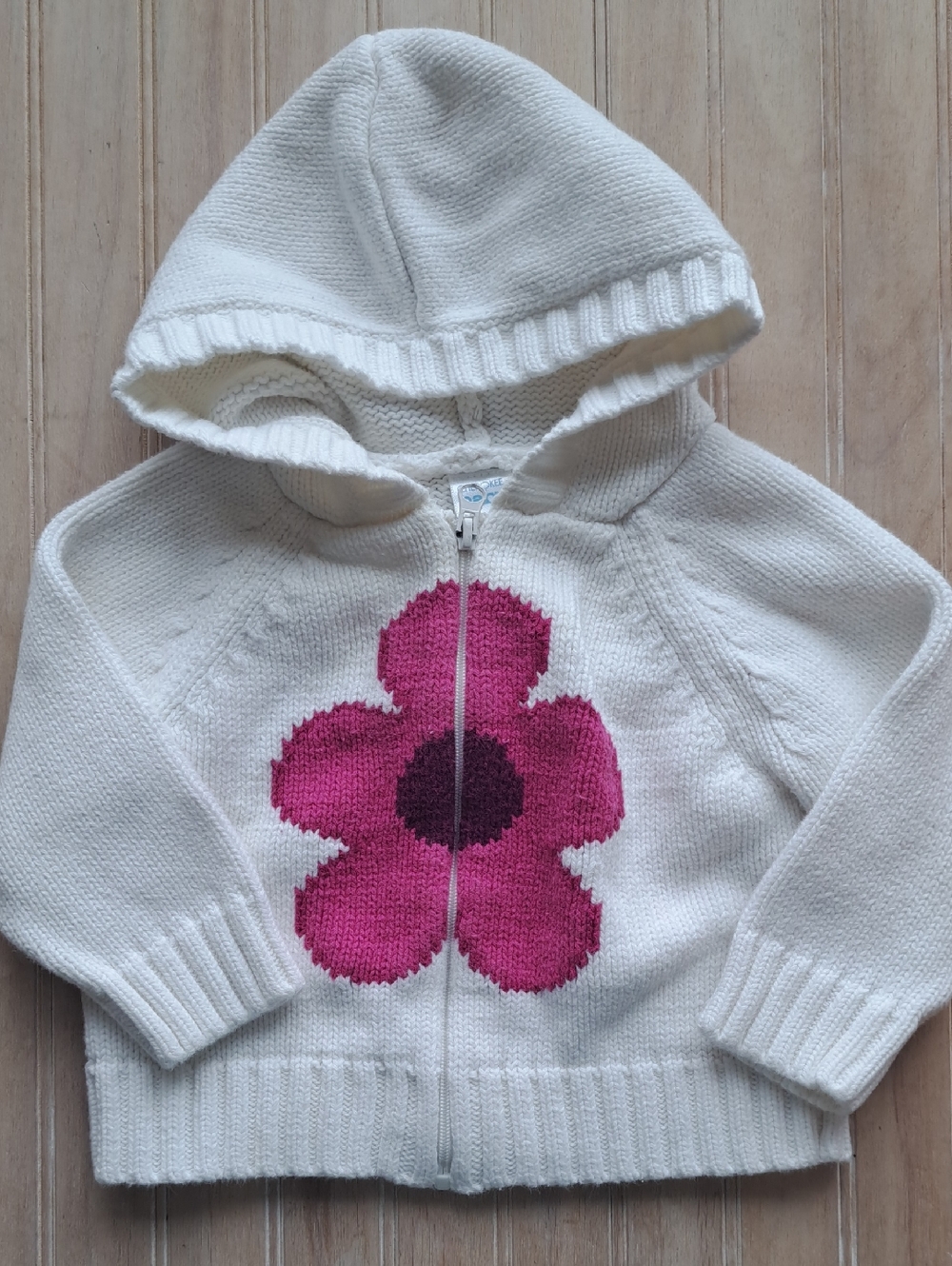 Chunky Knit 100% Cotton Cherokee Baby Pink Flower Hooded Zip Cardigan Sweater
